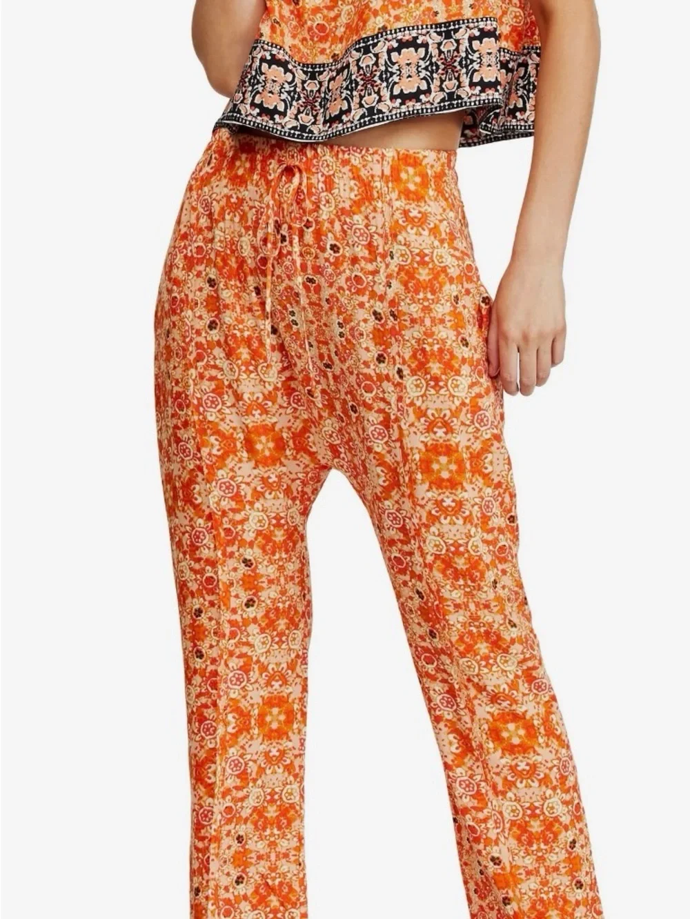 Free People Orange Printed Jumpsuit with Navy Trim